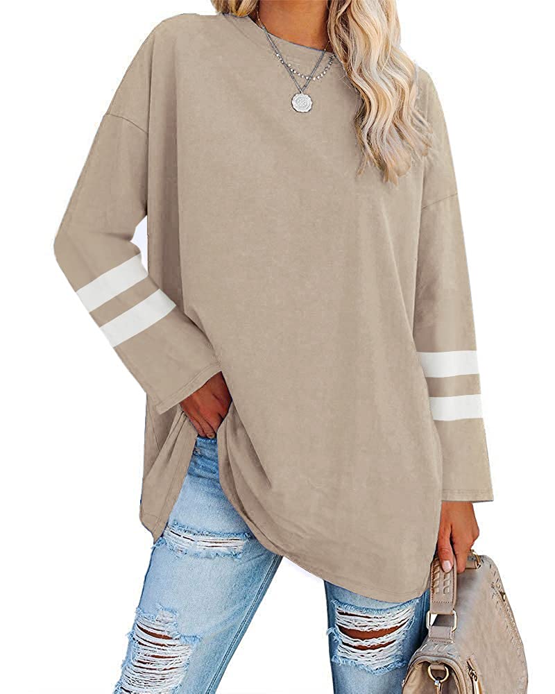 Fisoew Maglia da donna oversize, a maniche lunghe, scollo rotondo, in cotone