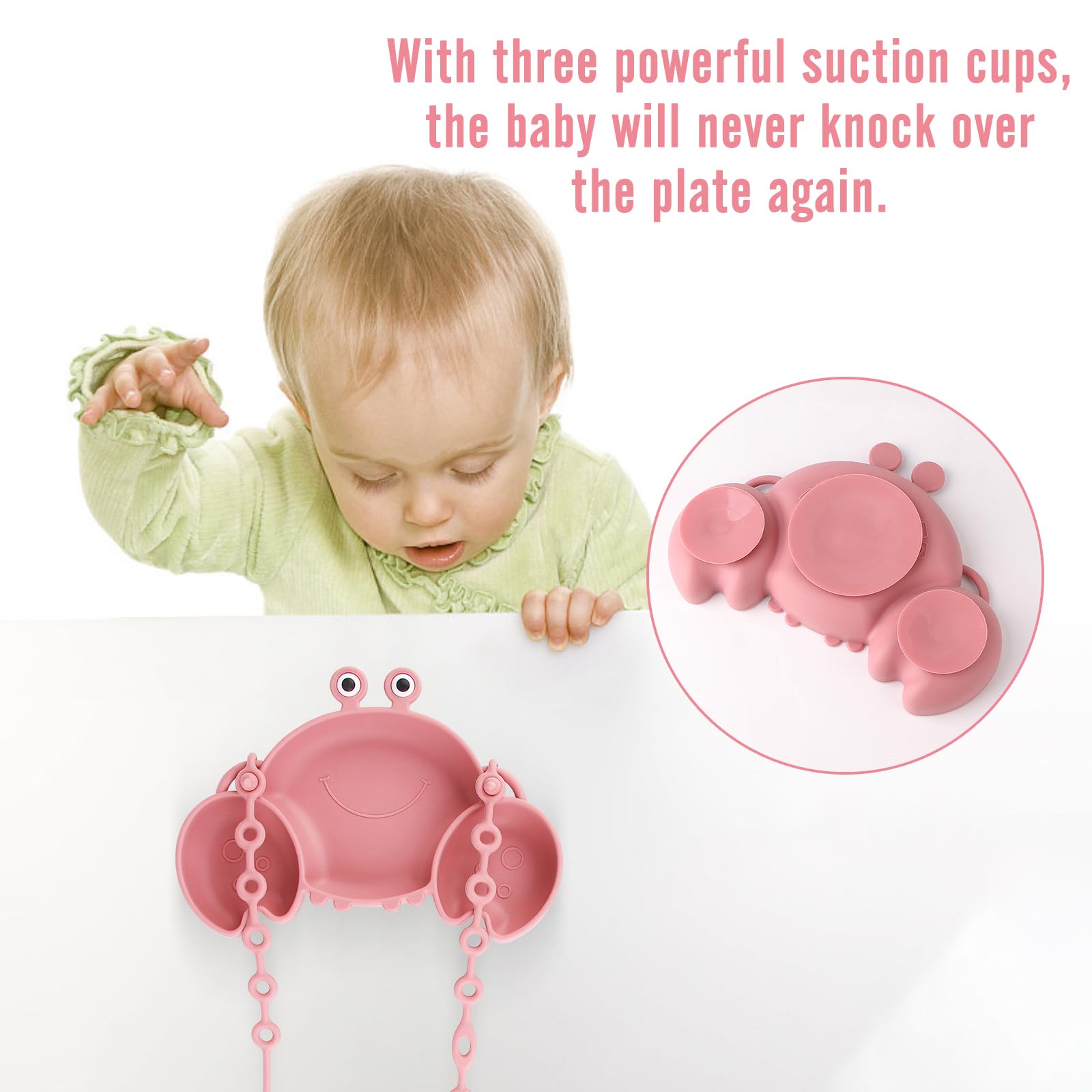 Qshare Baby Weaning Set,Baby Suction Plates,Non Slip Toddler Divided Placemat,BPA Free Suction Plate Baby Bowls Spoons & Bibs for Babies Toddlers Kids (Pink) - Image 4
