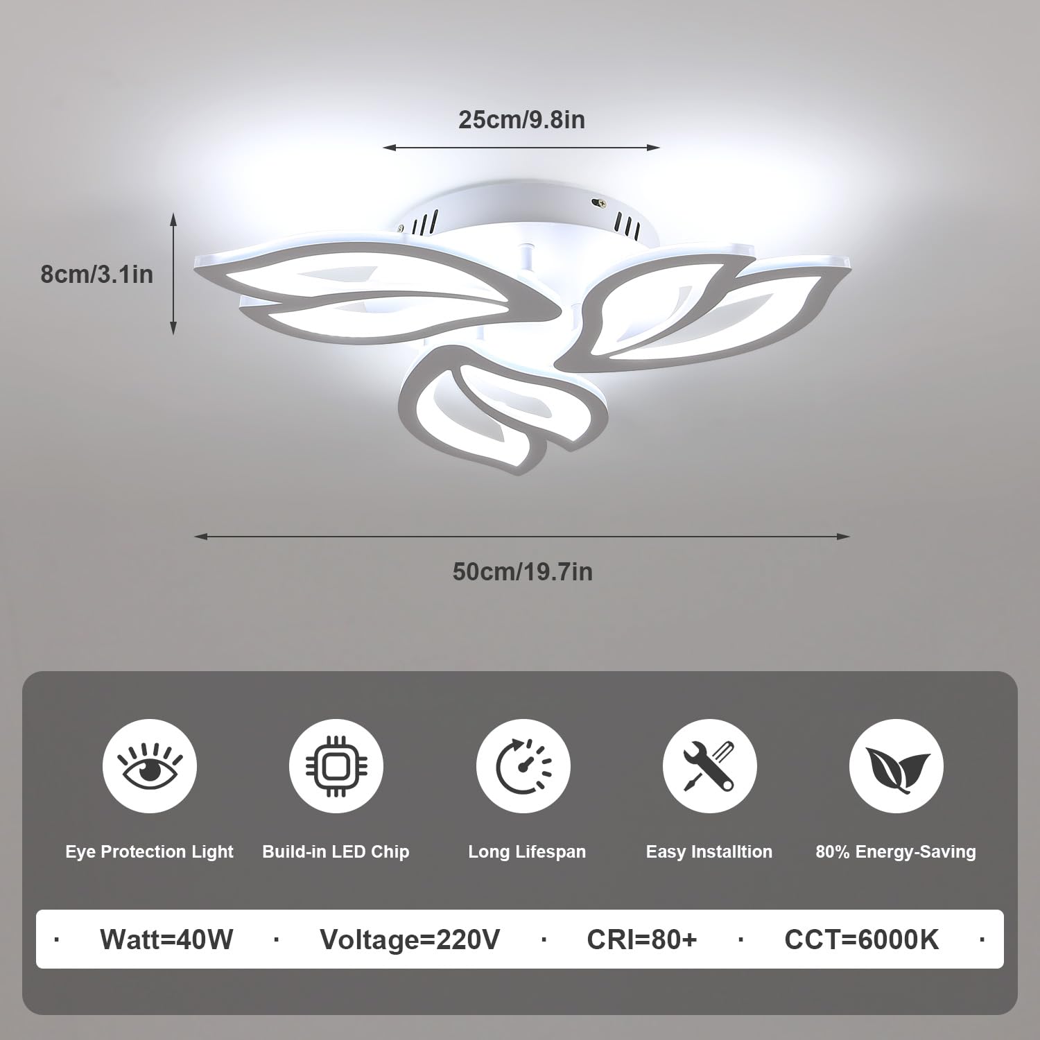 Dorlink Plafoniera LED Soffitto Moderna, 40W 3600LM Lampadario LED Camera da Letto, 6500K Bianco Freddo Lampadari LED Cucina, 3 Luci Plafoniera Fiore Bianco, Lampadario Soggiorno, Ø50CM