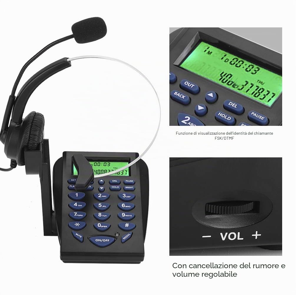 Tosuny Call Center Cuffie telefoniche, telefono multifunzione Business Office con display ID FSK/DTMF, tastiera telefonica Call Center Traffic con cuffie per telefoni Office/House.