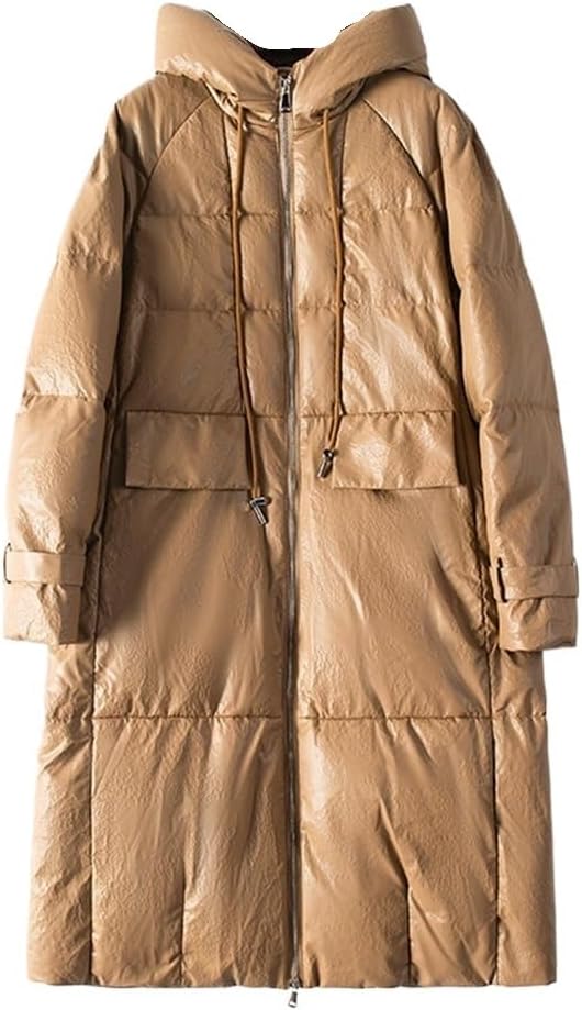 Women's Winter Casual Thickened Down Jacket Long Leather Hooded Warm for Women