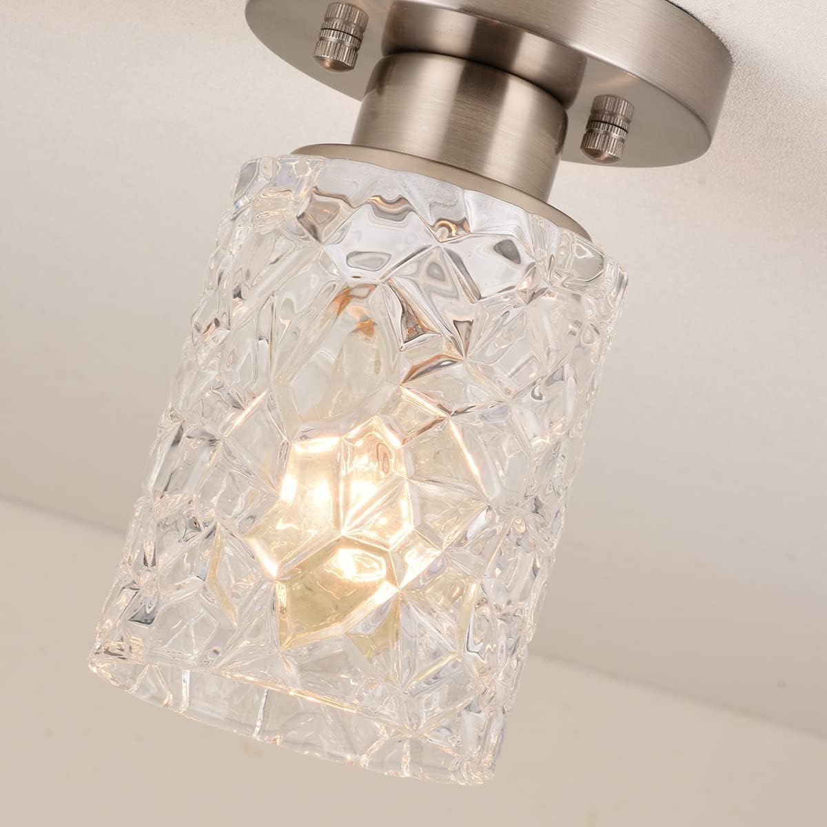 ALICE HOUSE 2 Pack Semi Flush Mount Ceiling Light, Clear Geometric Glass Shade, Brushed Nickel Farmhouse Light Fixture for Hallway, Laundry Room, Kitchen,Bathroom and Foyer AL9082-S2