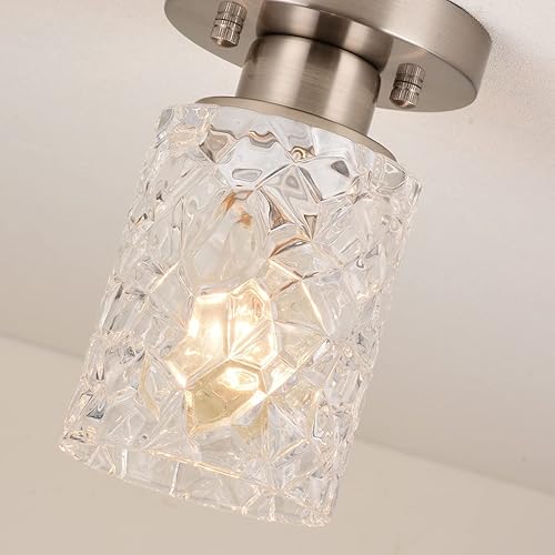 Miniatura 6 de ALICE HOUSE Paquete de 2 lámparas de techo semiempotradas, pantalla de vidrio geométrico transparente, lámpara de granja de níquel cepillado para