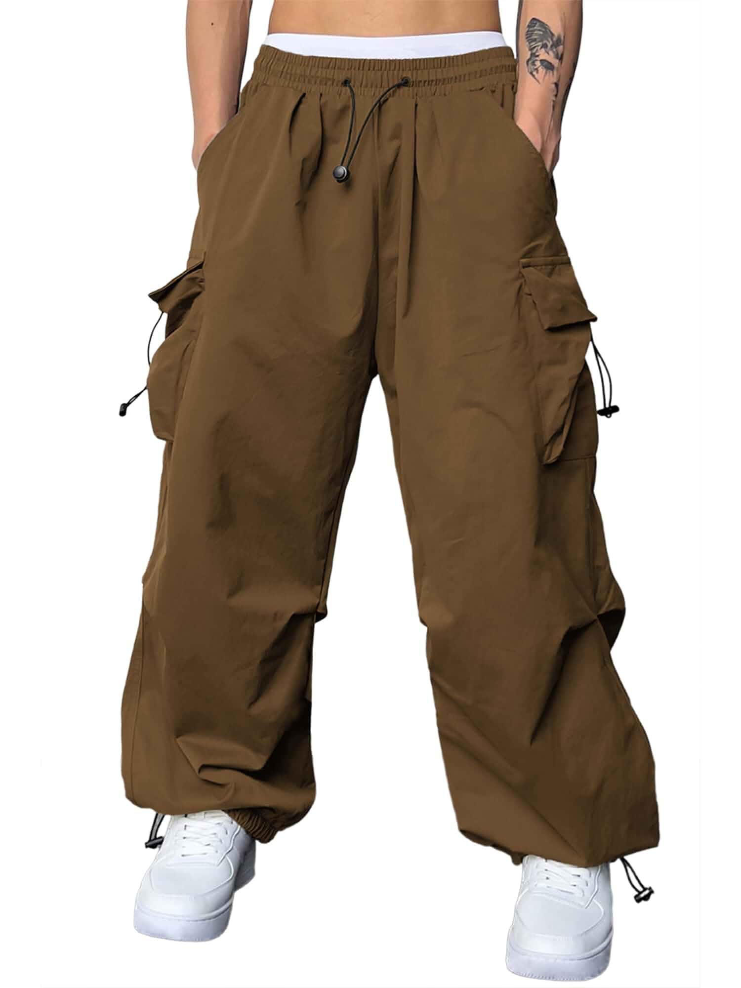 JMIERR Mens Loose Fit Drawstring Y2K Baggy Parachute Cargo Pants Harem Joggers, Utility Flap, Deep Side Pockets, Elastic Waistband, Adjustable Hem, Streetwear,Casual Wear, Outdoor Hiking