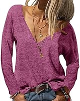 Fisoew Damen Langarmshirt Sexy Oberteile mit V-Ausschnitt Oversized Basic Longshirt Lose Einfabrig Langarm T-Shirt(Rot, XL)