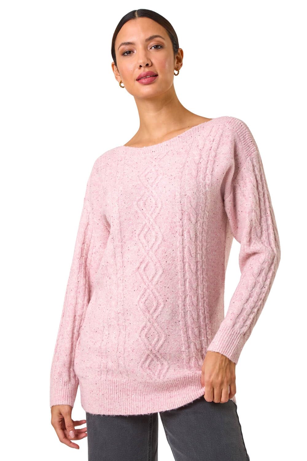Roman Originals Women's Pink Sequin Cable Knit Jumper For Uk - Everyday Autumn Winter Round Neckline Comfy Soft Evening Vacation Work Party Night Out - Light - Size 20