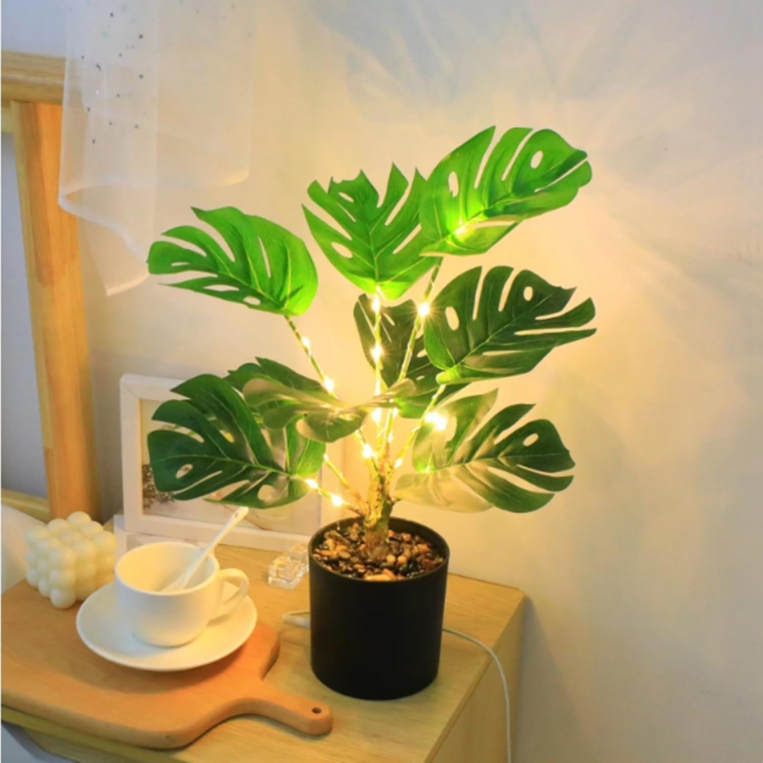 LED Tischlampe Kreativ Dekorativ Künstliche Pflanzen Bonsai Leuchtend Niedliches Nachtlicht für Schlafzimmer Büro Wohnzimmer, USB Nachttischlampen für Freunde, Familie, Geschenke(Monstera)