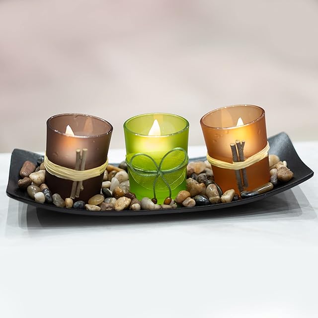 GloBrite Set of 3 LED Candle Holders with Resin Tray and Rocks - Tealight Vintage Candlestick Holders for Home Decoration, Wedding Birthday Christmas Party Decor Living Room Bedroom Ornaments