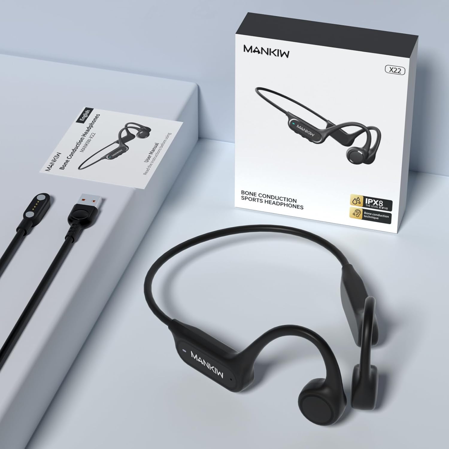 MANKIW Bone Conduction Headphones, packaging, and accessories