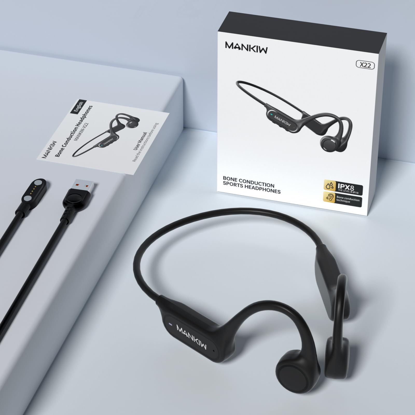 MANKIW Cuffie Nuoto, Auricolari Conduzione Ossea Bluetooth 5.4 IPX8 con Memoria da 32 GB e MP3 Player per Nuoto, Corsa