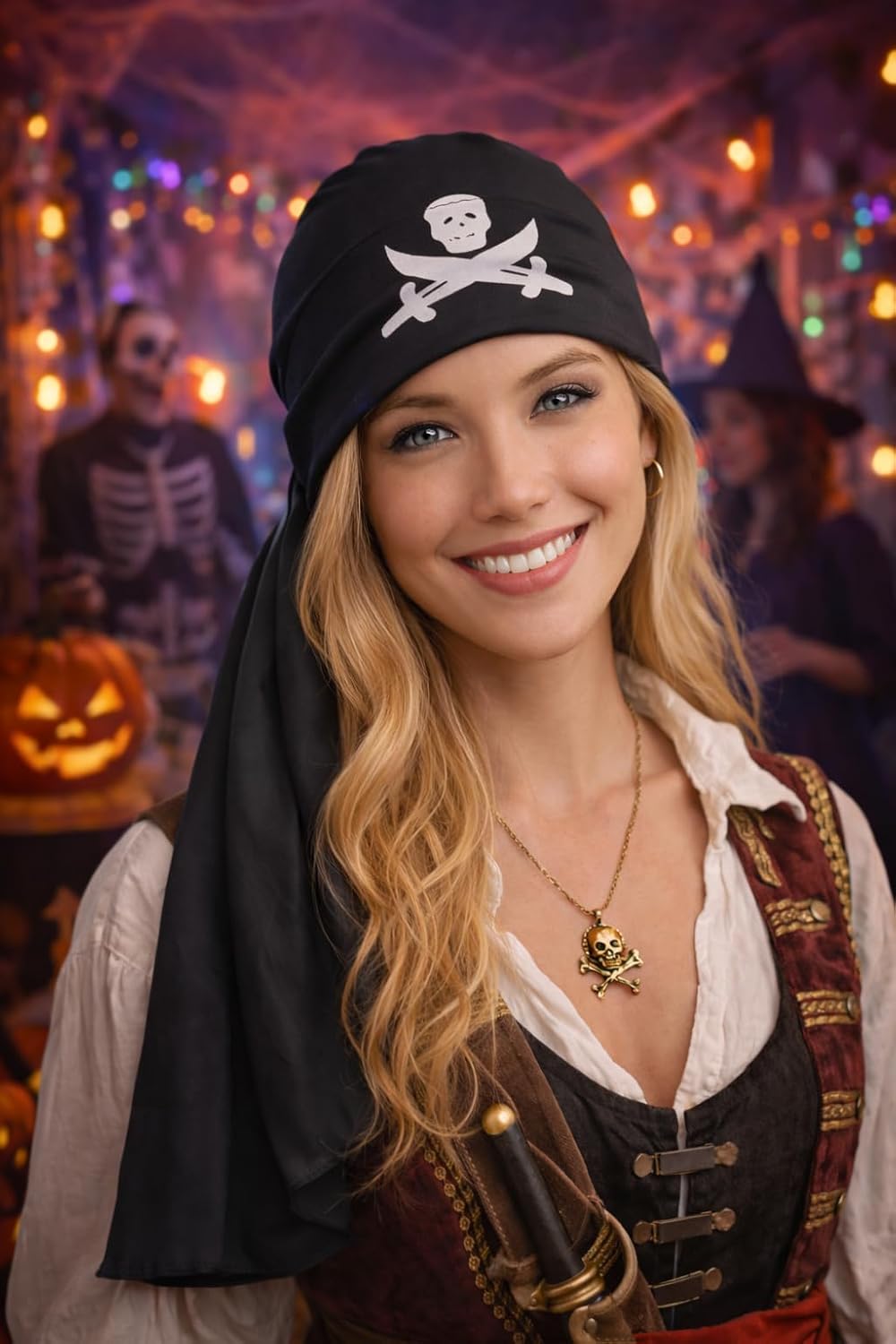 Pirate Bandana | Pirate Headwrap Hat | Buccaneer Head Scarf | Pirates Headwear | Buccaneer Head Tie | Skull Cap | Pirates Costume Accessories | Buccaneers Costume Accessory | Black | Stretch Fit | 28"