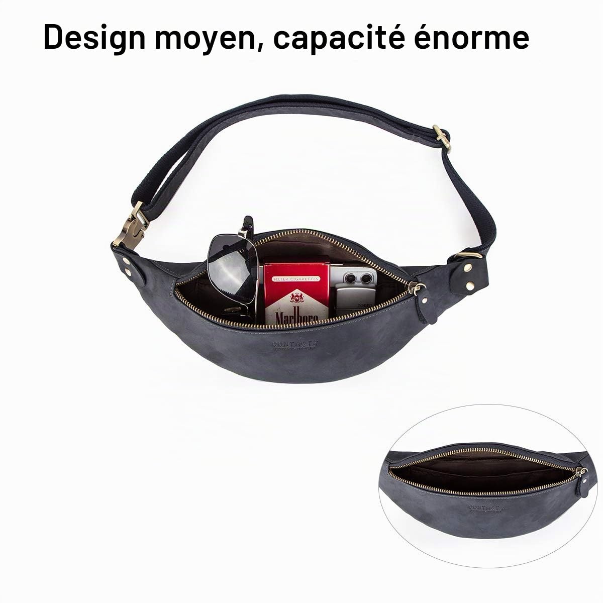 Sac Banane en Cuir véritable pour Homme - Sac Banane Multifonction avec Fermeture éclair, Bleu foncé, Einheitsgröße, Valise