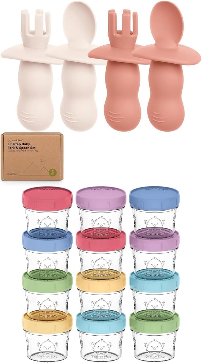 Keababies 4-Pack Silicone Baby Spoons and Forks Set and 12-Pack Baby Food Glass Containers - Baby Spoon Self Feeding, BLW Baby Utensils - 4 oz Leak-Proof, Microwavable, Baby Food Storage Container
