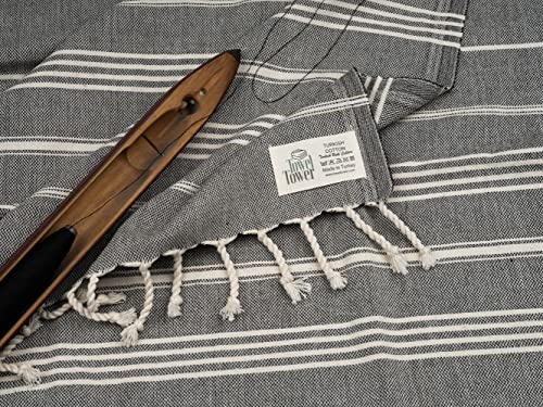 Turkish Peshtemal Bath Towel - Sandfree, 100% Cotton Beach Towel - Lightweight, Quick Drying, Oversized (73X37), Prewashed, Highly Absorbent, Decorative Towel- Marmara (Black) #TOP1