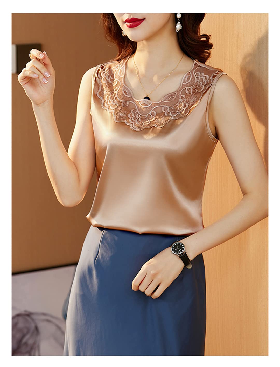 Canotte Senza Maniche con Scollo a O per Donna Camicetta in Raso con Patchwork a Rete scavata T-Shirt Estiva Casual PIC S