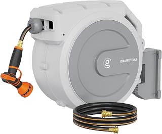Giraffe Tools 130FT 1/2" Heavy Duty Retractable Garden Hose Reel - Wall Mount, 9-Pattern Nozzle, 180° Swivel, Any Length Lock, Commercial Grade (Light Grey)