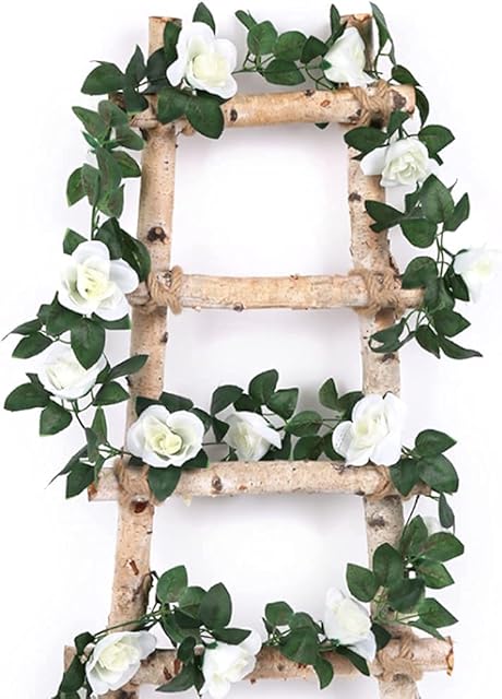 2 Pcs White Artificial Flower Hanging Rose Garlands Fake Rose Vine Flowers Plants DIY Wreath for Garden Craft Art Decor Home Wedding Party 8.2ft/2.5m