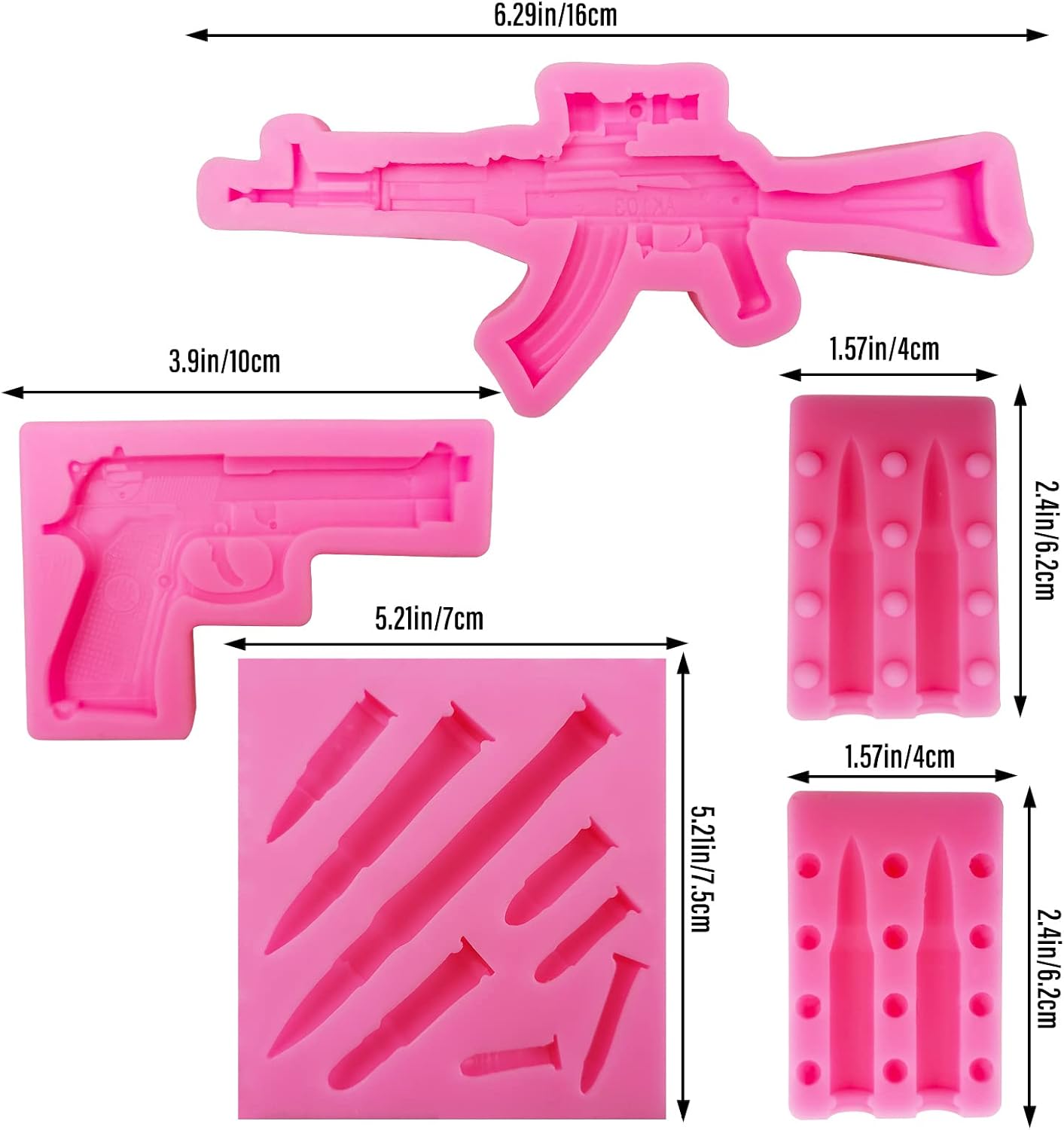 Gun Bullet Silicone Molds Pistol Fondant Mold 3D Machine Gun Molds For Cake Decorating Candy Chocolate Cupcake Topper Decor Tools DIY Polymer Clay, Desserts, Crafting Projects, Jewelry Making(6 Pcs) image 2