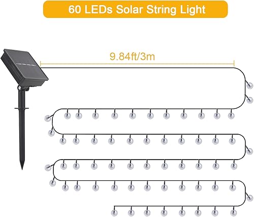 Miniatura 4 de Tira de luces solares para exteriores, 36 pies, 60 luces LED de globo de cristal con 8 modos de iluminación, luces solares impermeables para