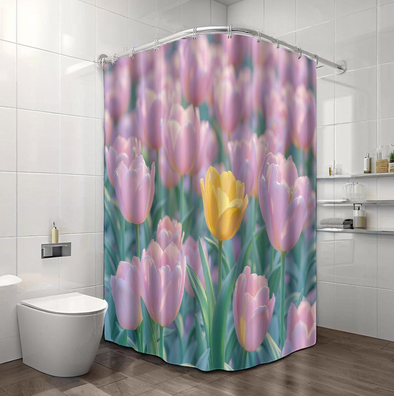 Rideau Douche,Rideau Baignoire Lavable en Machine Rideaux Douche Tissus Lavable Rideau De Baignoire Lavable pour Salle De Bain Domicile Baignoire Famille,Champs De Tulipes,