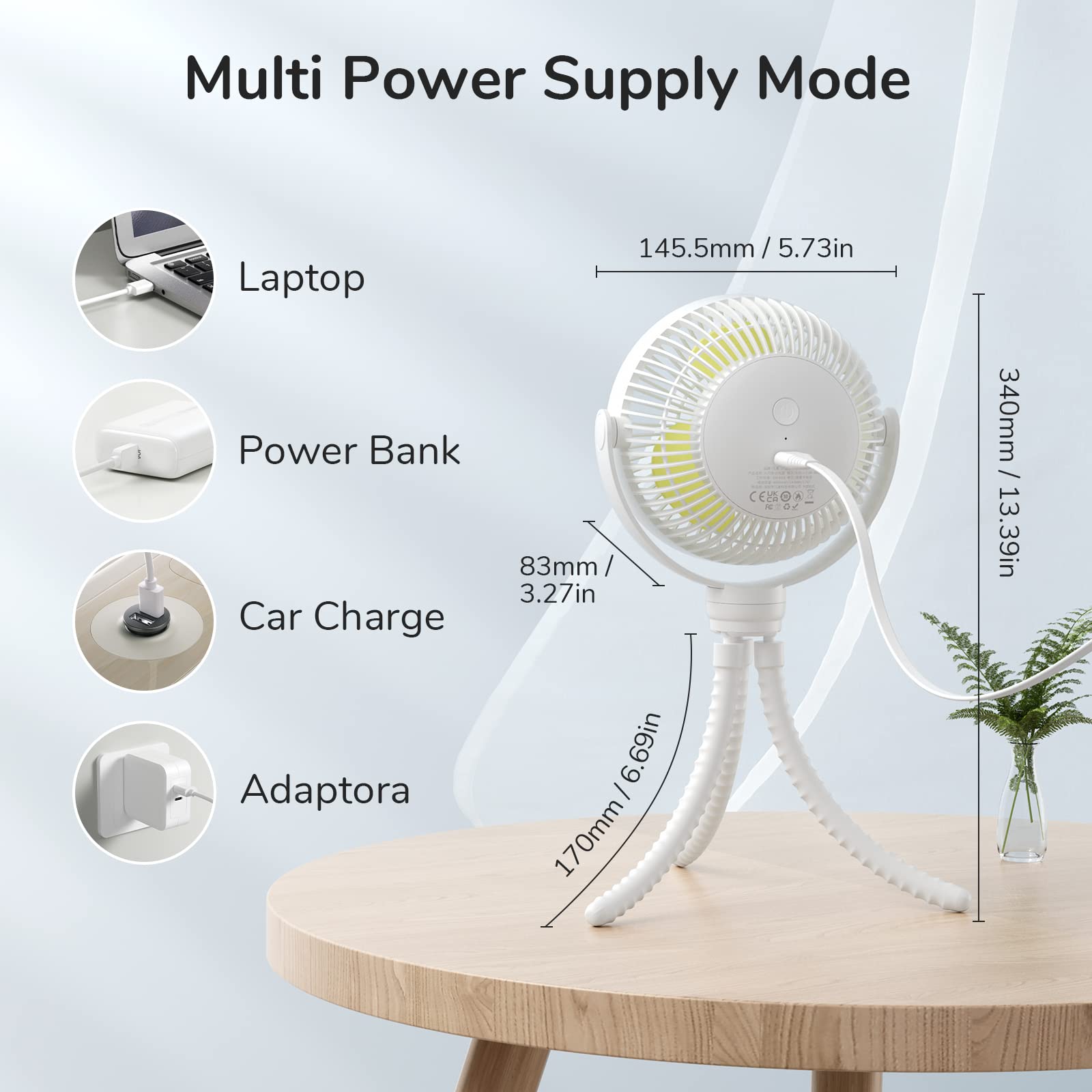 JISULIFE Ventola per Passeggino, Flessibile per Treppiede【4000 mAh】 Batteria con 4 Velocità, da Personale Portatile, 720° Portatile Rotante, per Passeggino, Culle, Auto -Bianco