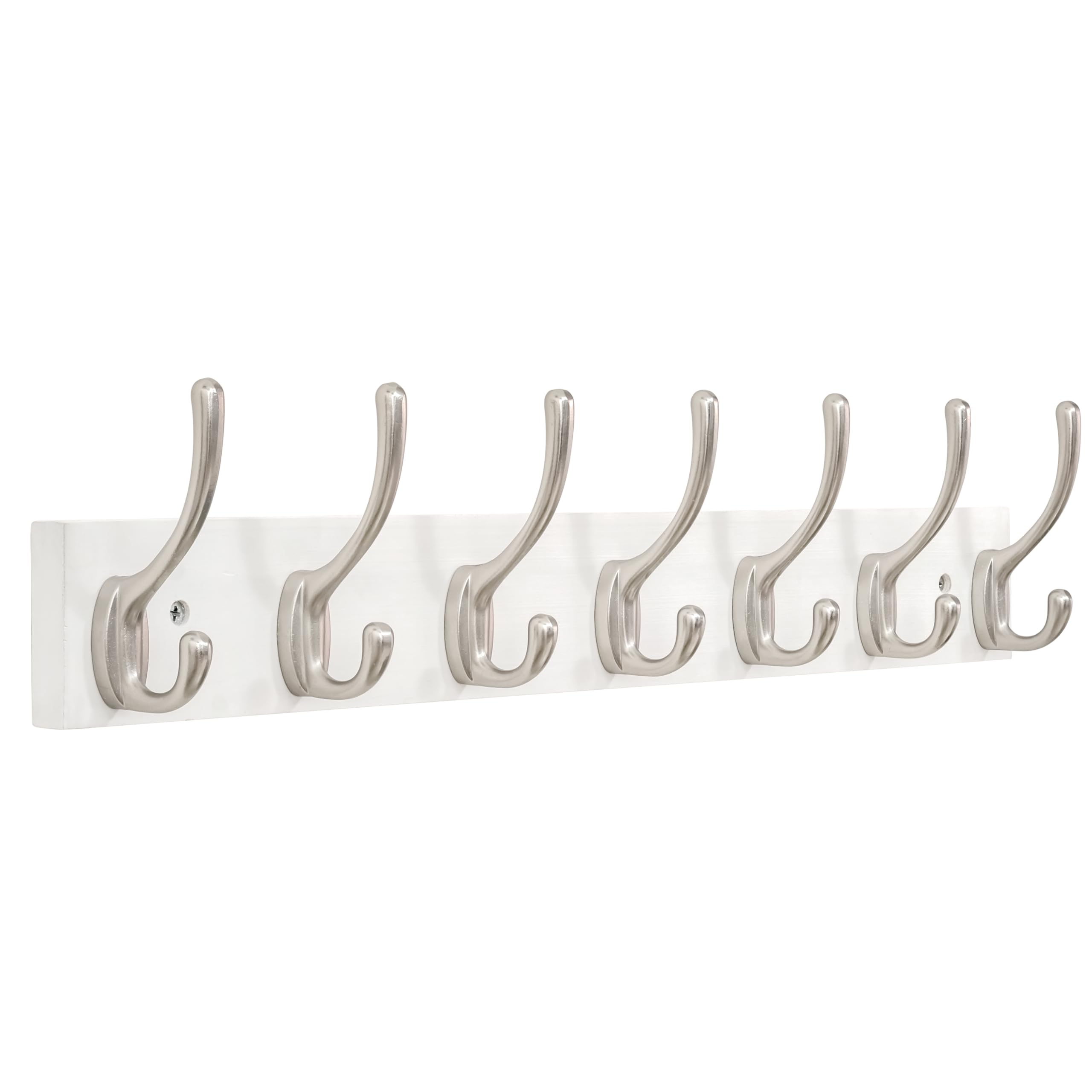 SKOLOO Solid Pine Wood Wall Mounted Coat Hooks, 50cm Long, 7-Hook Modern Entryway Organizer with 16" Stud Installation, for Hallway, Bathroom, Kitchen (White Wood/ & Nickel Hooks)​
