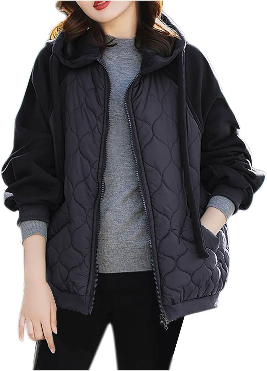 JOAU Womens Quilted Puffer Jackets Lightweight Long Sleeve Drawstring Hooded Coats Zipper Oversized Outerwear with Pockets