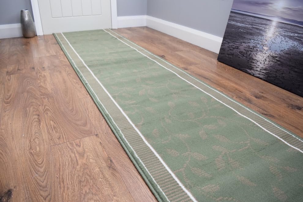SrS Rugs® Luna Collection, Modern Long Carpet Runner Rug for Entrance Hall and Stairs. Smooth Soft 8mm Depth Pile. 70cm Wide (Border Leaf Green, Length: 2' (60cm)) — image 1