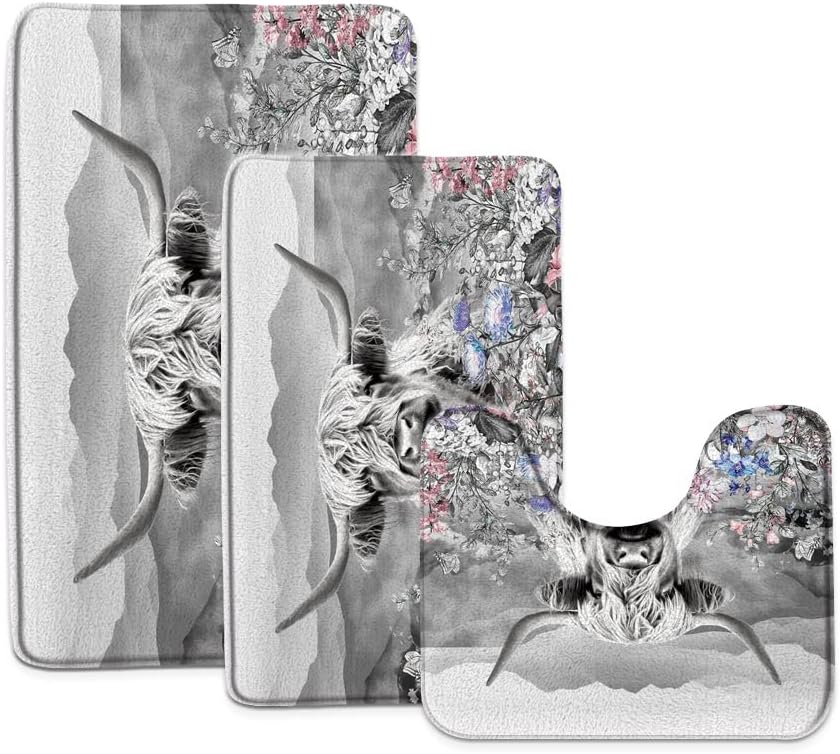 Sunhe 3 Piece Farmhouse Highland Cow Bath Mat Set Western Farm Animal Portrait of Longhorn Bull Pink Floral Rustic 24"x36"+24"x60" Bathroom Rugs,U-Shaped Floor Mat