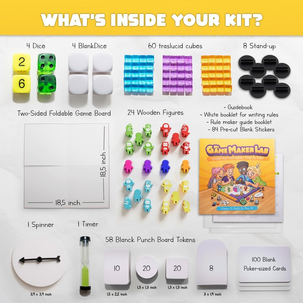 Blank Board Game Kit for Kids & Families – Make Your Own Game with 180+ Pieces: Double-Sided Blank Game Board, Blank Cards, Dice, Wooden Tokens, Spinner | DIY Board Game Kit for Learning & Play
