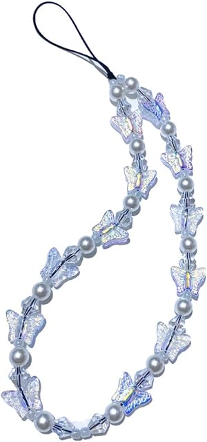 hwojjha Colorful Acrylic Butterfly Imitation Pearl Handmade Beaded Mobile Phone Chain for Women Charm Anti-Lost Phone Lanyard Jewelry