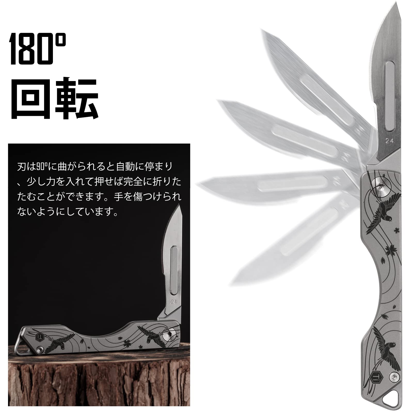 KeyUnity Folding Knife, Small Size with 10 Replacement Blades, KK01 Mini Knife, Titanium, Full Length 139.5mm, Blade Switchable, Folding Knife, Precision Cutter, Lightweight, Rust-Resistant, Mountain