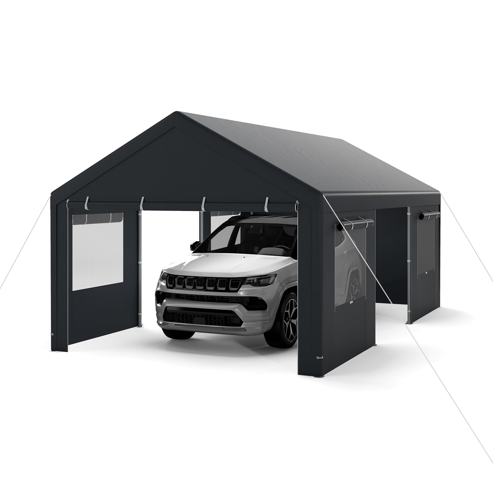 GYMAX extra großes Carport Zeltgarage, Lagerzelt mit aufrollbaren Fenstern, abnehmbaren Seitenwänden &Türen, wasserfeste PE-Plane, wetterfeste Autogarage für Auto, SUV (3.6 x 6 m,Dunkelgrau)