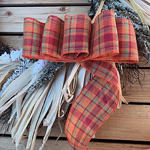 Image of Fall Cider Plaid Wired Ribbon - 2 1 /2 inch x 10 Yards, Orange, Green, Red, Fall Plaid, Autumn Decor, Halloween, Thanksgiving, Christmas Ribbon, Farmhouse Decor, Garland, Wreath, Bows, Gift Basket,