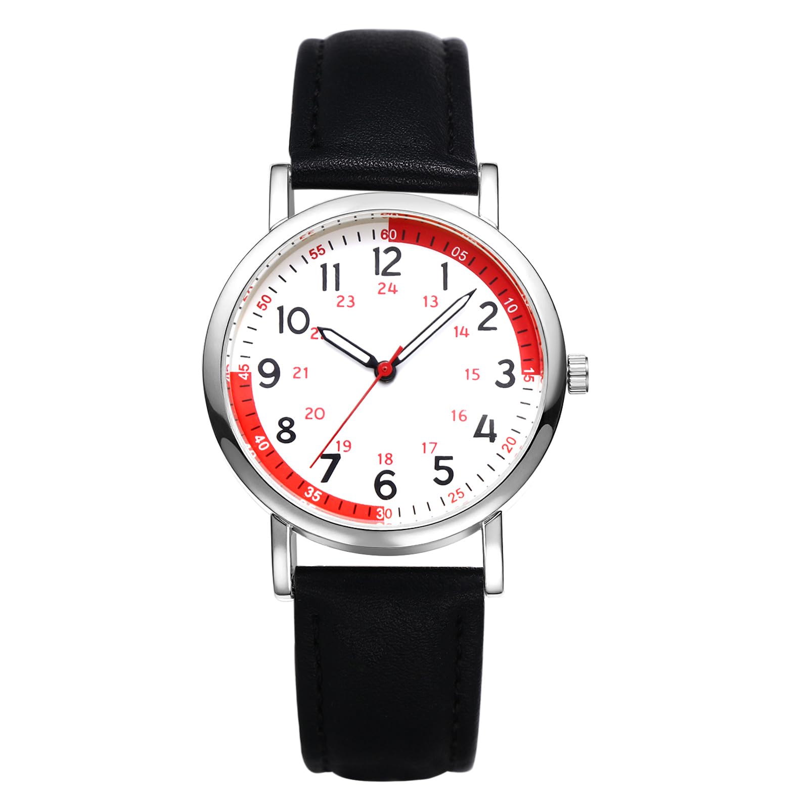 JewelryWe Orologio Da Polso Per Infermieri In Pelle - Quadrante Bianco Con Lancetta Dei Secondi, Indicazione 24h E Misurazione Frequenza Cardiaca