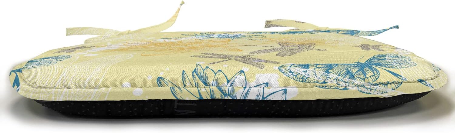 Lunarable Dragonfly Chair Seating Cushion Set of 4, Boho Style Plants and Dragonflies Sketchy Illustration, Anti-Slip Seat Padding for Kitchen & Patio, 16"x16", Petrol Blue Yellow