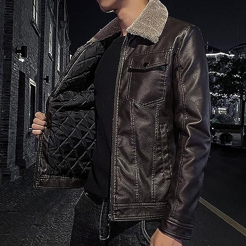JEsilunmaMY Men's Fur Collar Casual Leather Jacket Flap Pocket Fleece Bomber Sherpa Coat Spring Fall Cropped Motorcycle Coat3