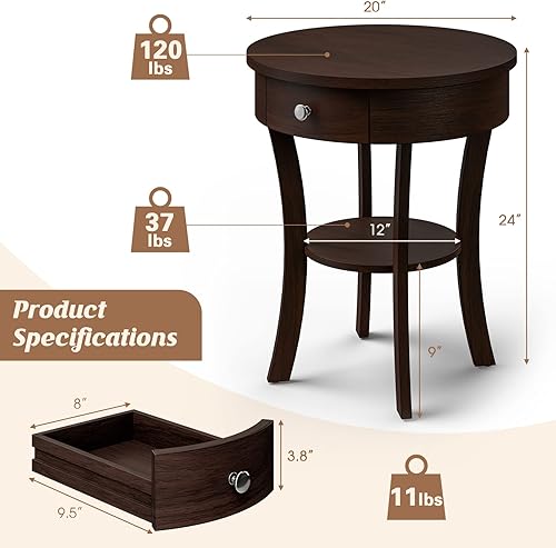 Miniatura 3 de Giantex Mesa auxiliar redonda con cajón, mesa auxiliar de madera de 2 niveles con estante abierto, mesa auxiliar de sofá pequeña para espacio