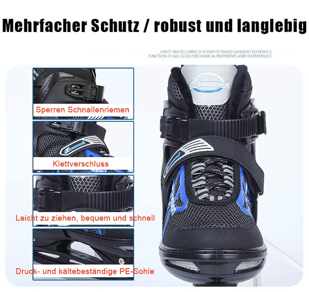 Verstellbar Eishockey Schlittschuhe für Herren Damen Erwachsene Kinder, Edelstahl Ice Skates, Eislaufschuhe mit Schnellschnürsystem & Push-Lock-Schnalle für Sicheren Halt