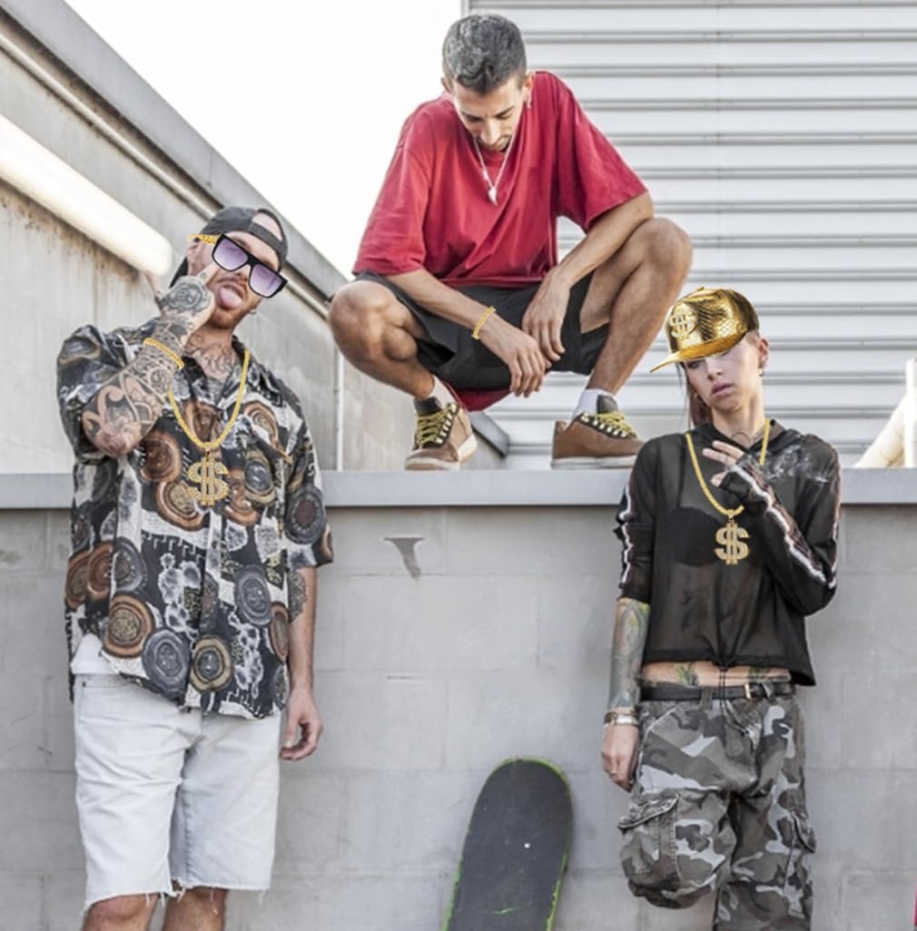 5Pcs 80s/90 Hip Hop Costume Kit Gold Rapper Hat Sunglasses Gold Dollar Sign Pendant Necklaces Rapper Accessories - Image 7