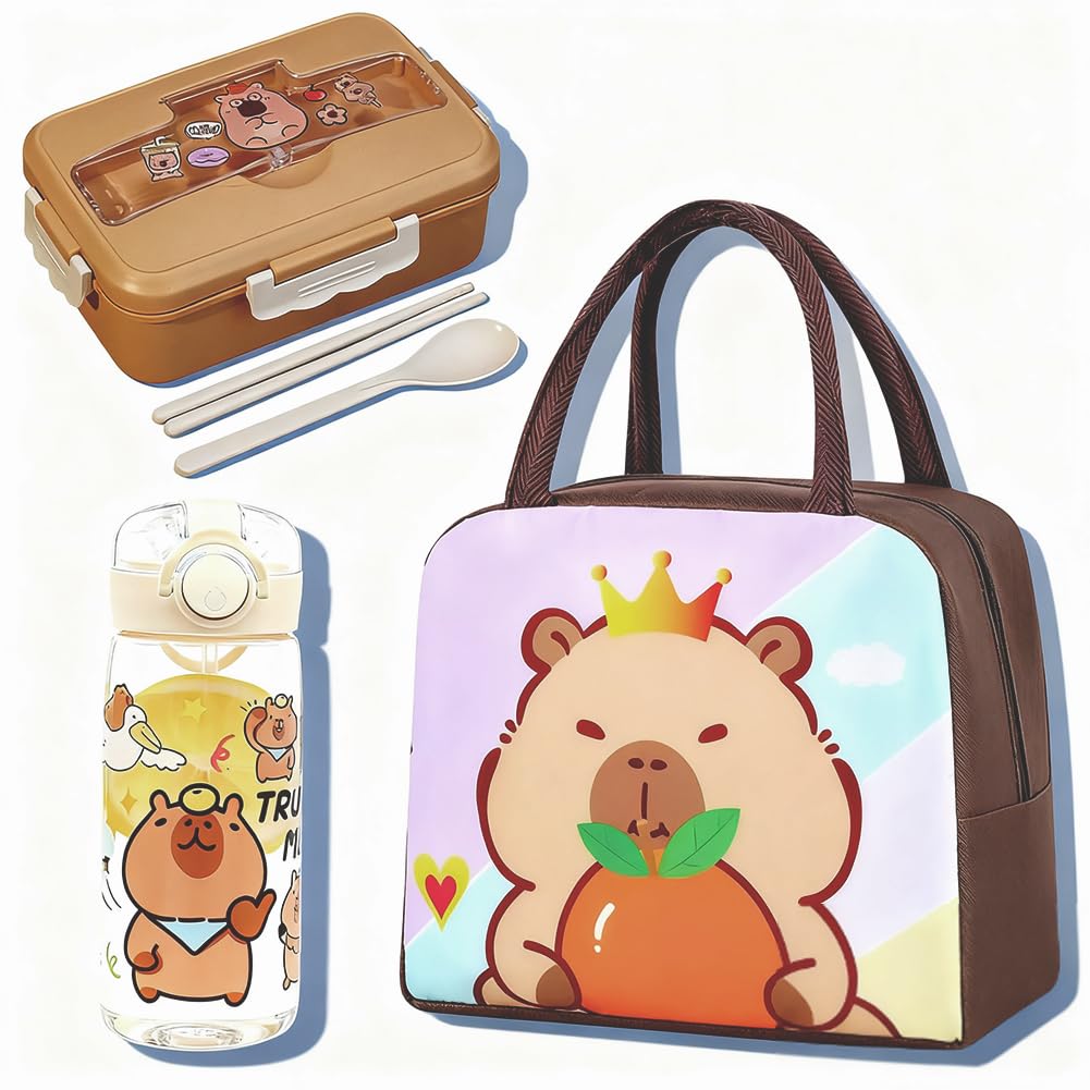 Vexthorion Capybara Lunch Bag Set 3 Pcs, Bento Box & Leak Proof Water Bottle with Straw for Adults,Insulated Thermal Food Carrier Bag for Office School Picnics, Leak-Proof BPA Free Brown (Capybara-1) โ image 1