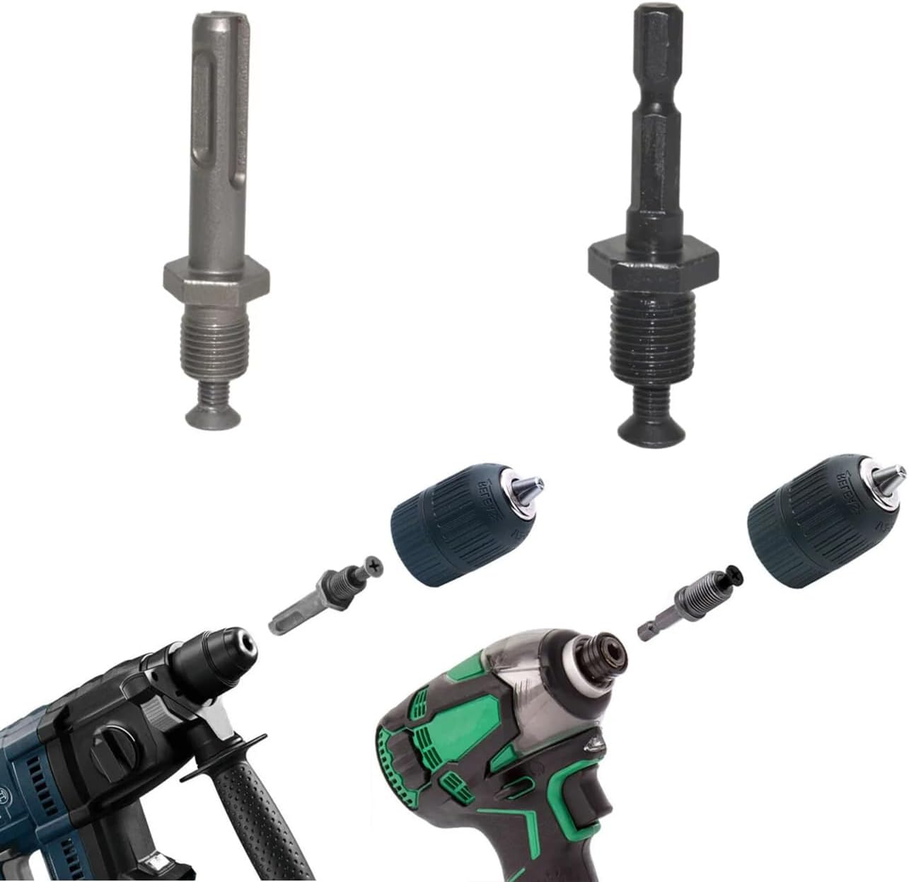 3 Pack Keyless Drill Chuck Adapter 1/2-20UNF Mount Thread to 1/4'' Hex Socket 3/7'' SDS-Plus Shank Converter Connector for Impact Driver Cordless SDS Plus Rotary Hammer Drill Power Drill Combo