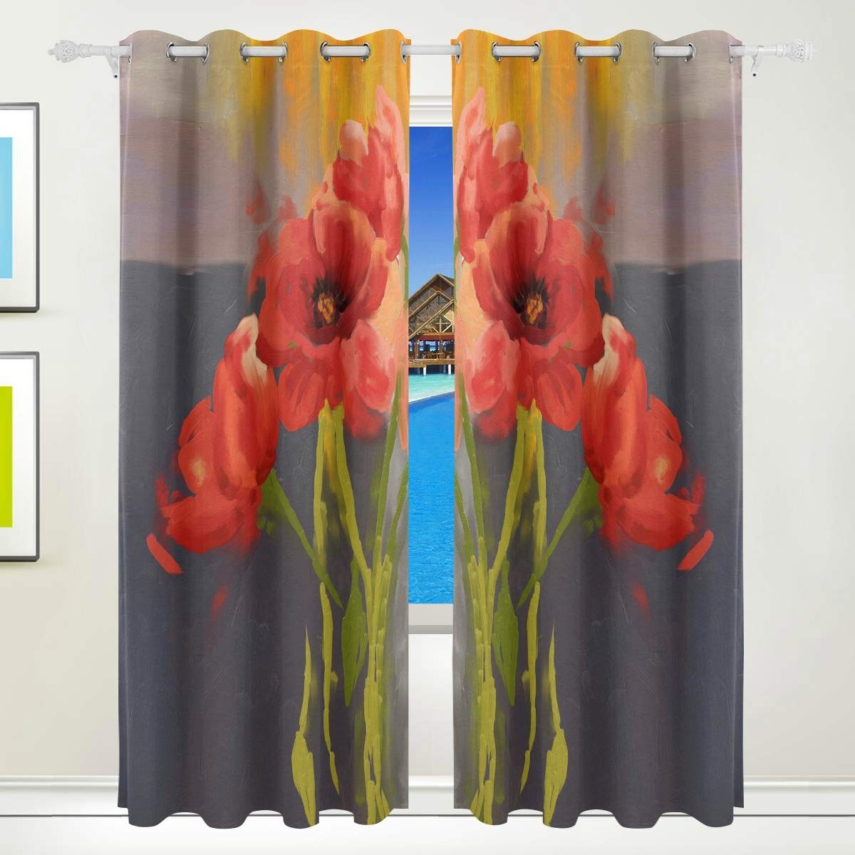 MONTOJ Vorhänge mit rötlichem Geranien-Muster, Verdunkelung, thermisch isoliert, mit Ösen, für Schlafzimmer (2 Stoffbahn, B 107 x L 160 cm)