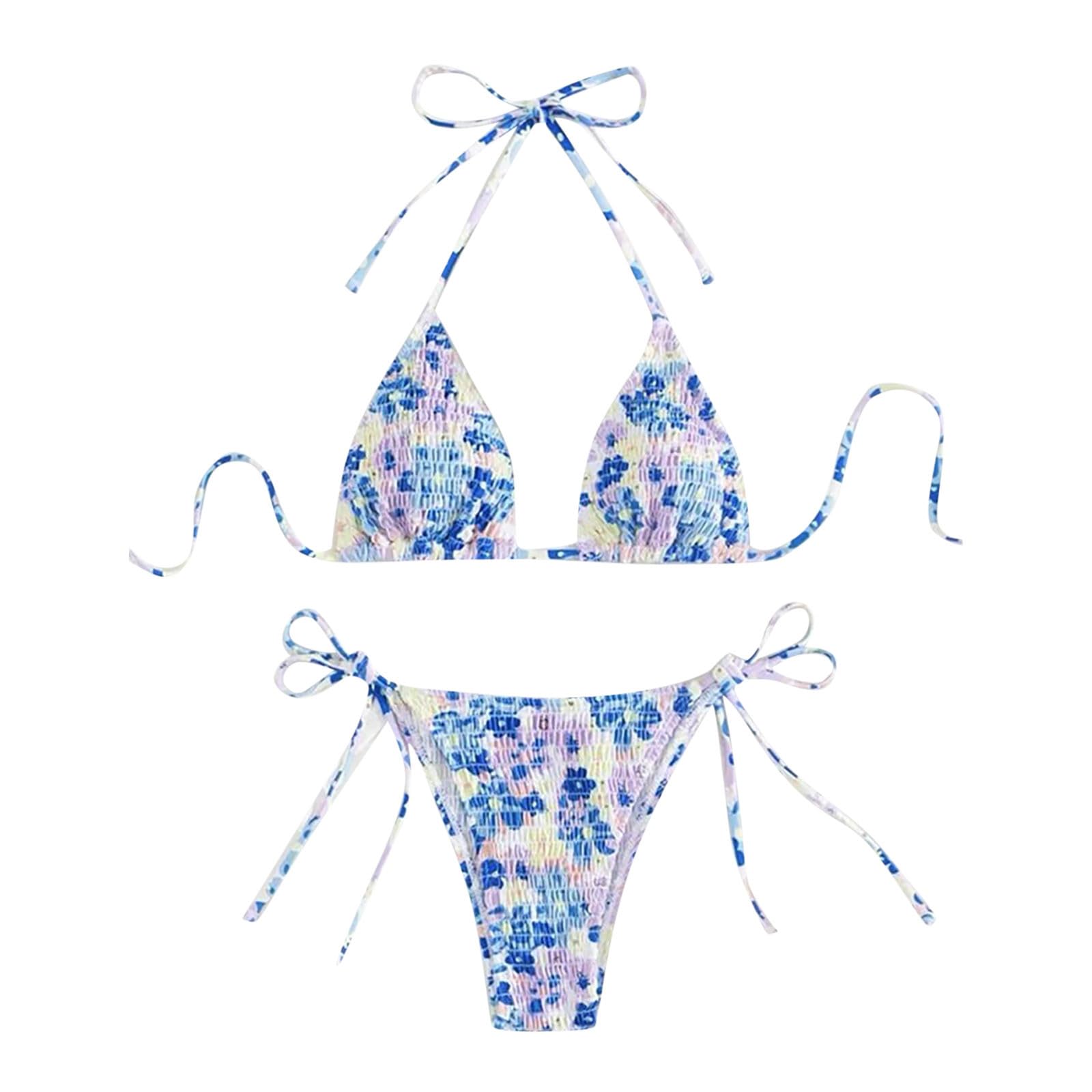 Womens 2 Piece Floral Bikini Sets Smocked Drawstring Tie Side Bathing Suits Triangle Halter Sexy Cute Swimsuits