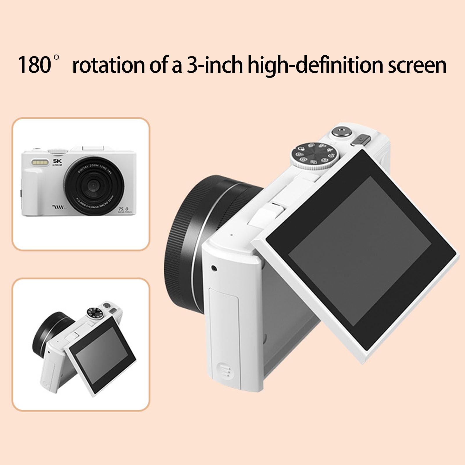 Fotocamera Vlog 5K 75MP Con Schermo da 3 pollici 180 ° Zoom 18X WiFi e messa a fuoco automatica Luce integrata per principianti Zoom WiFi Vlog Camera