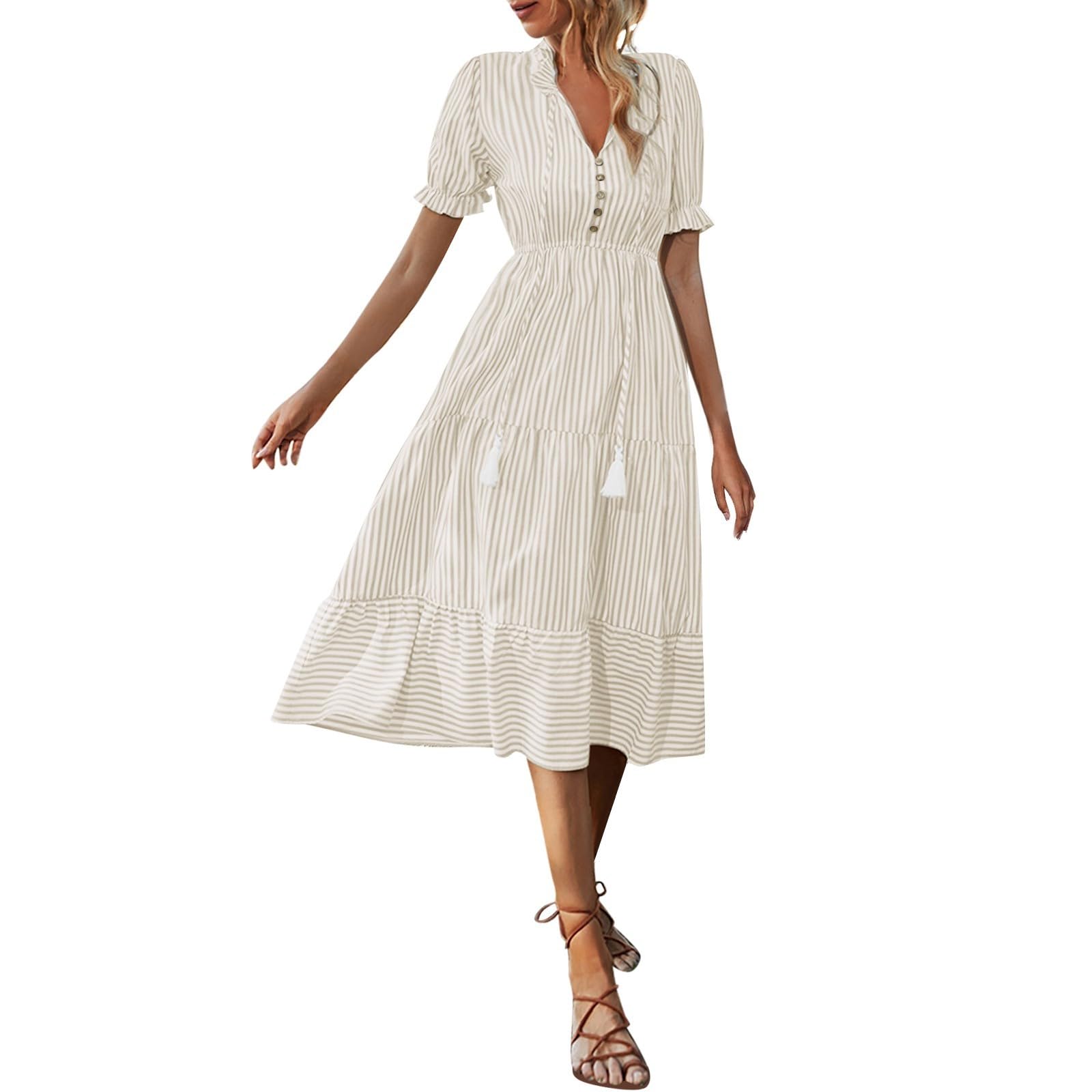 Vestido de verano a rayas con cuello en V, manga corta, elástico, acampanado, perfecto para fiestas en la playa, estilo casual