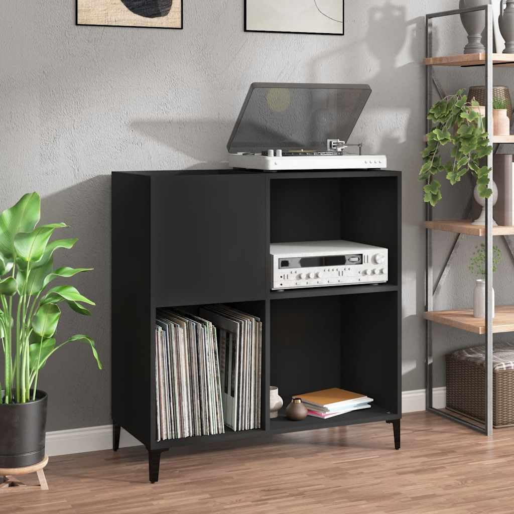 Armadio per dischi in legno nero, con gambe in metallo, 84,5 x 38 x 89 cm, spazio per dischi, soggiorno, credenza, vetrina, organizer per ufficio e sala da pranzo