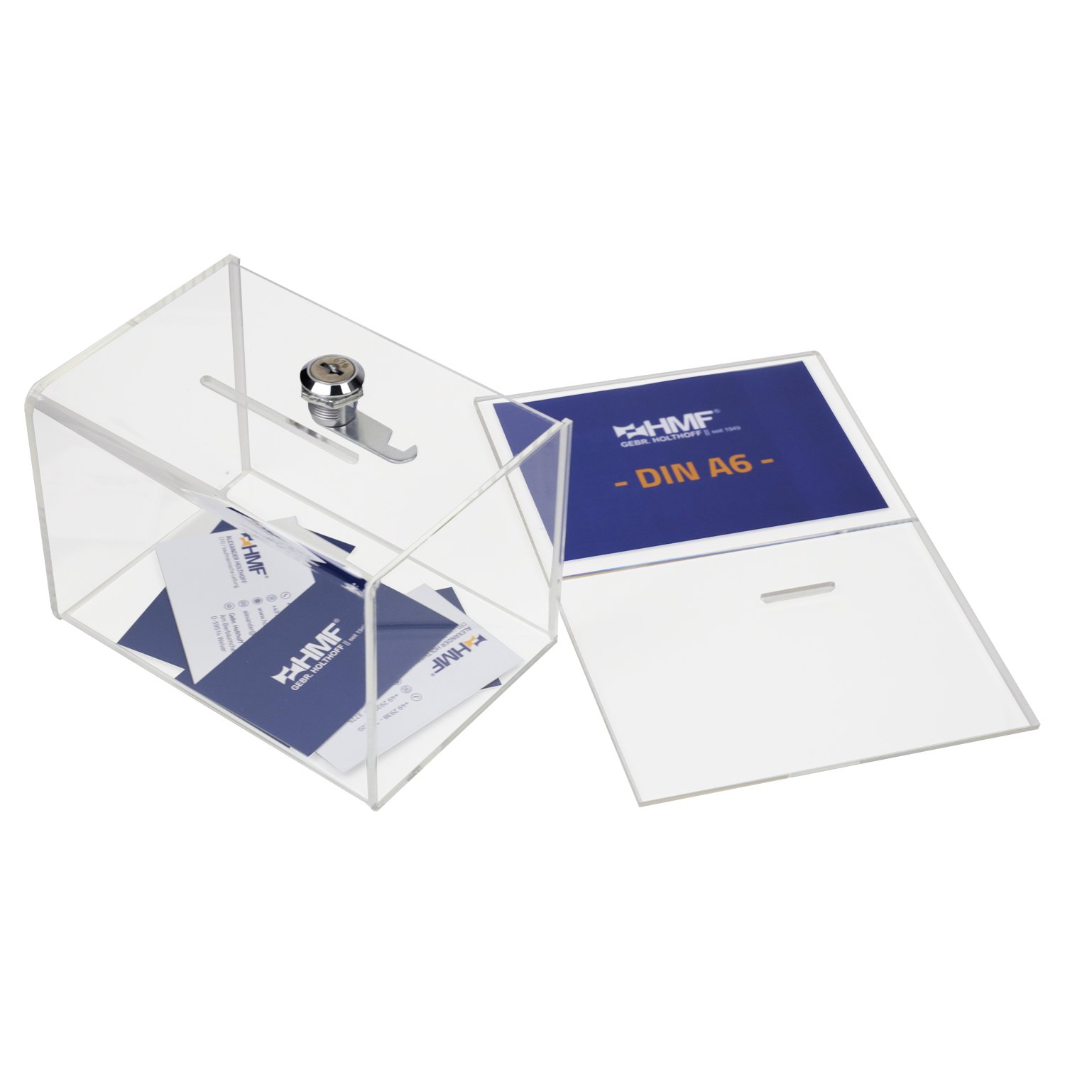 HMF 46912 Caja de donación de acrílico con inserto de hojas | 15,5 x 11 x 11 cm | Din A6 | Transparente