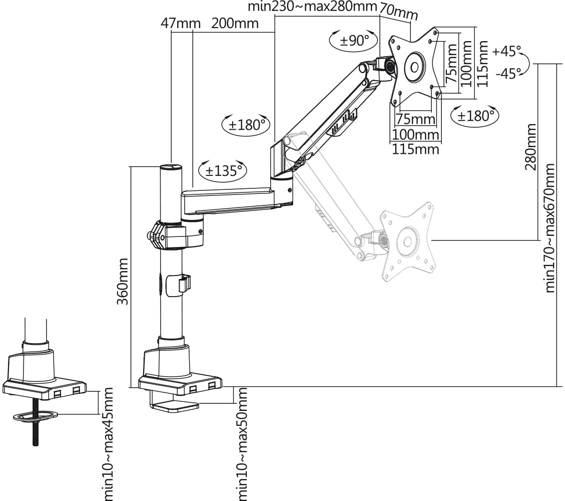 my wall HL51-1L - Supporto per monitor 1 schermo, braccio per monitor, 17-32 pollici, con molla a gas, supporto da tavolo VESA, carico fino a 7 kg