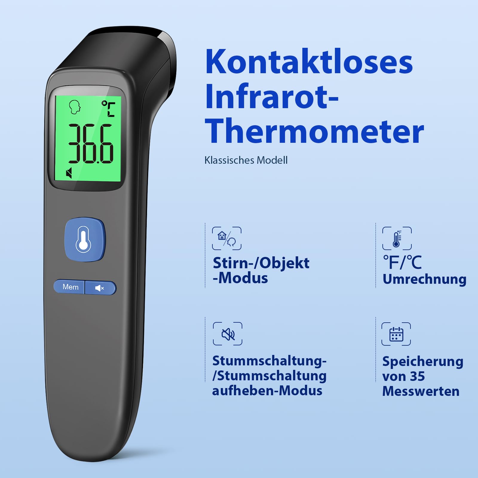Fieberthermometer Kontaktloses Stirnthermometer, digitales Infrarot-Thermometer für Babys und Erwachsene mit sofortiger Messgenauigkeit und Fieberalarm, Schwarz